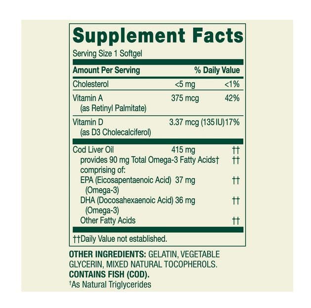 H4U Cod Liver Oil Plus Vitamins A and D3 Dietary Supplement Softgels, 100 Count