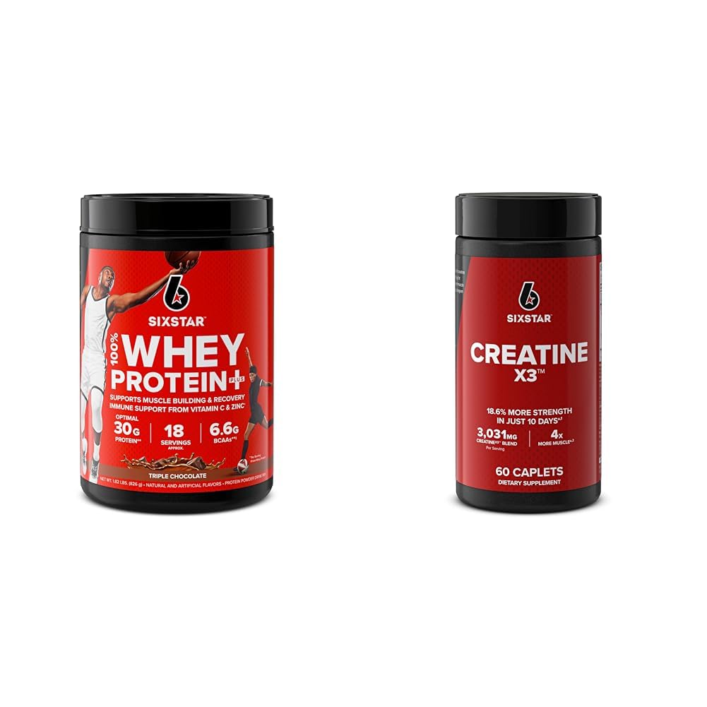 Six Star Elite 100% Whey Protein Plus Triple Chocolate Protein Powder, 1.8lbs; Creatine Capsules, 2-Count Bundle
