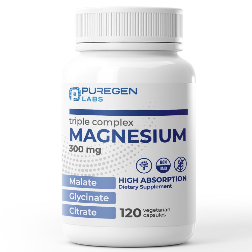 P Puregen Labs Triple Magnesium Complex 300mg Magnesium Glycinate, Malate & Citrate High Absorption Capsules, 120 Count