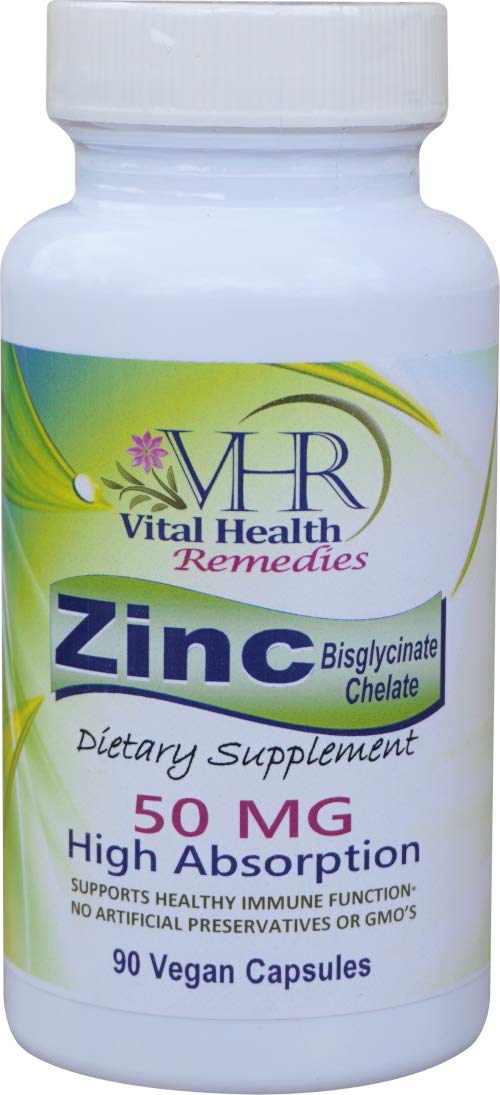 Vital Health Remedies ZINC Bisglycinate Chelate 50mg Immune Support High Absorption No Preservatives, Vegan Capsules, 90 Count