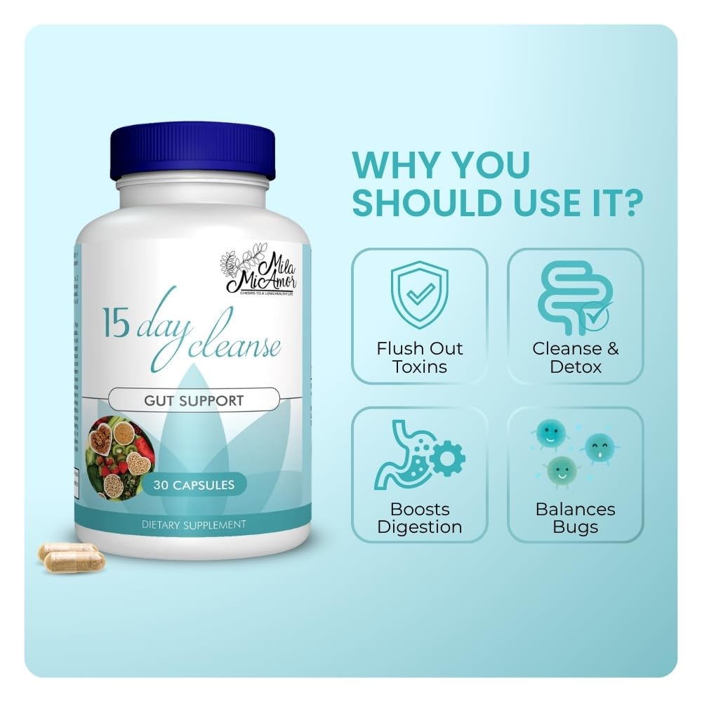 Mila Miamor 15 Day Cleanse - Gut and Colon Support - Advanced Gut Cleanse Detox for Women & Men with Senna, Cascara Sagrada & Psyllium Husk 30 Capsules
