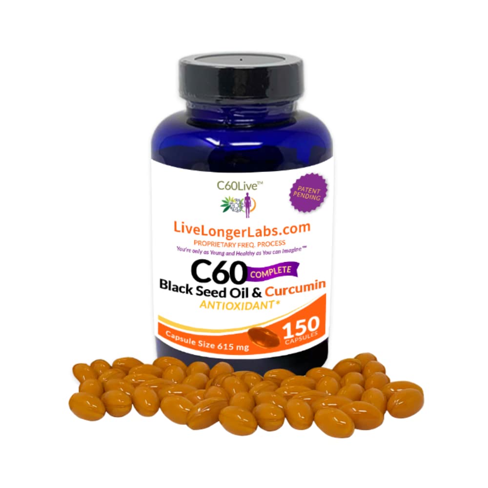 C60live C60 Complete - Carbon 60 (Fullerene) with Black Seed Oil & Curcumin Gel Capsules, 150 Count