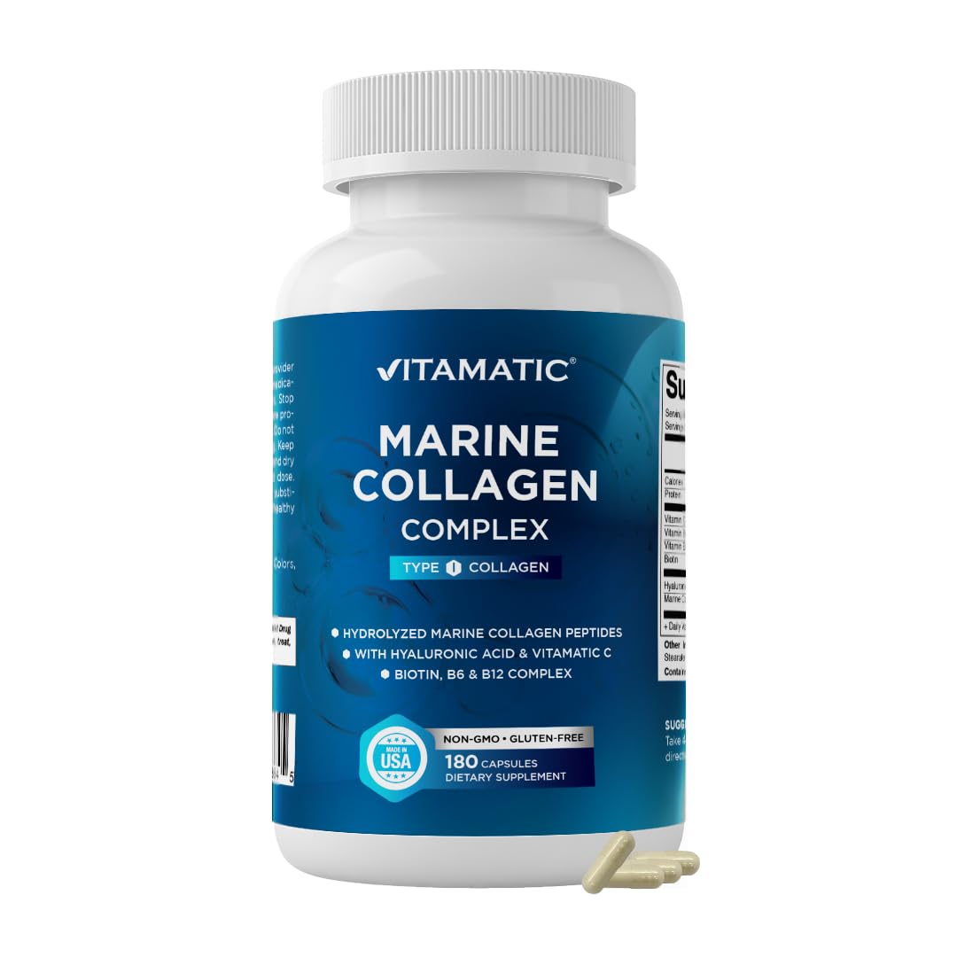 Vitamatic Marine Collagen Complex Type I 2000 mg per Serving with Hyaluronic Acid, Vitamin C, Biotin, B6 & B12 – 180 Capsules