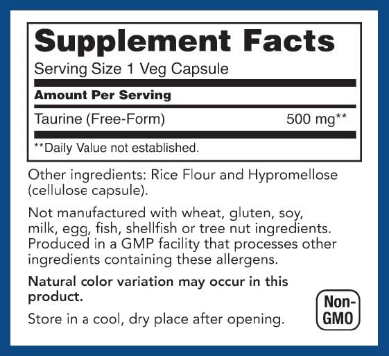 LifeSource Vitamins Taurine 500 mg Amino Acid for Nervous System Health 100 Capsules