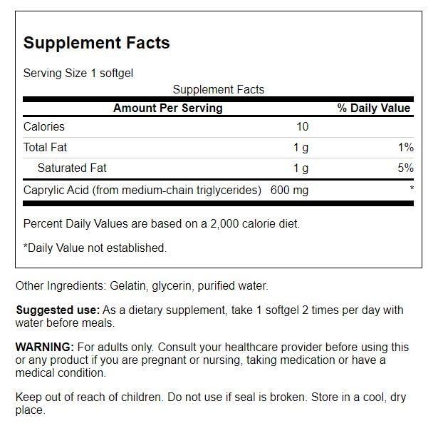 Swanson Caprylic Acid 600 Milligrams Softgels, 60 Count