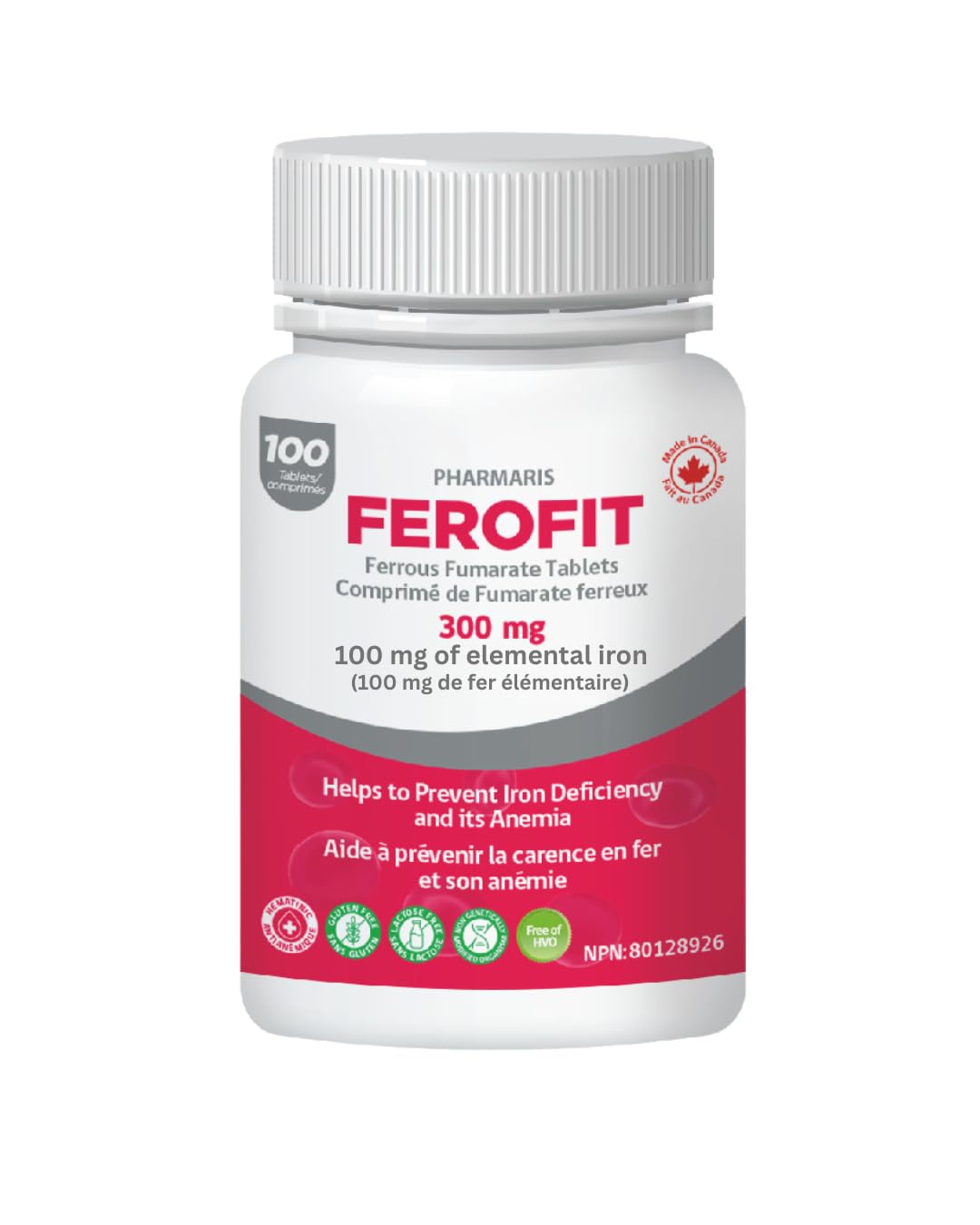 Pharmaris Ferofit Ferrous Fumarate 300mg (100mg Elemental Iron) 100 Tablets