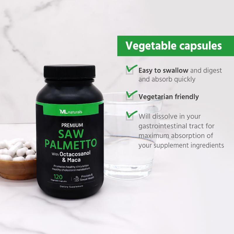 ML Naturals Saw Palmetto 2000mg with Octacosanol & Maca, 120 Vegan Capsules, Non-GMO