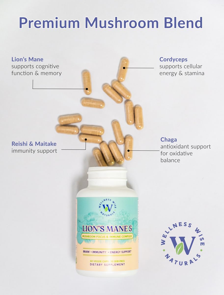 Wellness Wise Naturals Lion's Mane 5-Mushroom Complex Capsules, 60 Count