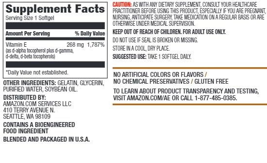 Amazon Elements Vitamin E 400 IU Softgels, 100 Count