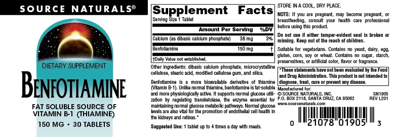 Source Naturals Benfotiamine, Fat Soluble Source of Vitamin B-1 (Thiamine) 150 mg, 30 Tablets