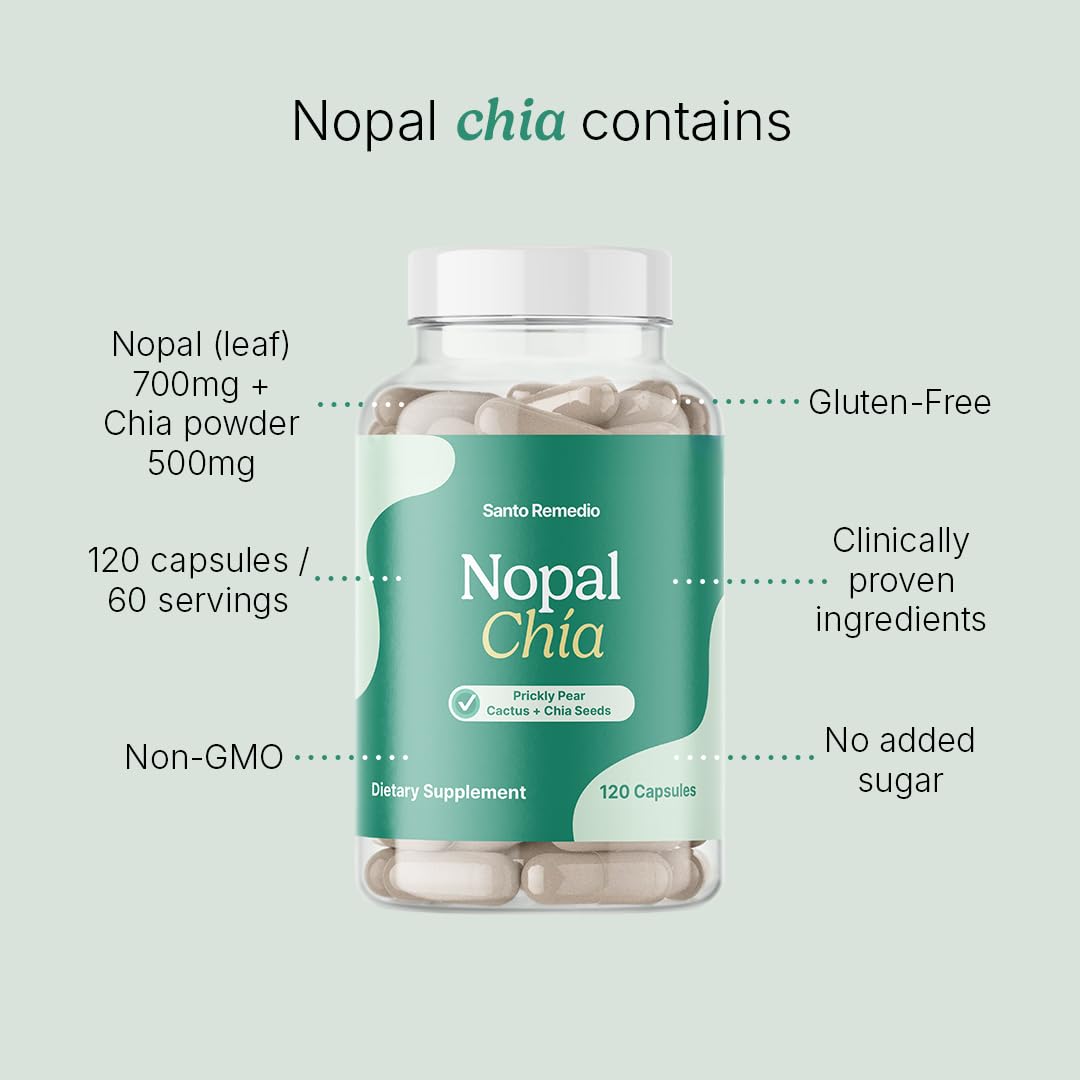 Santo Remedio Super Nopal Cactus Capsules with Chia – Prickly Pear Supplement, 120 Capsules