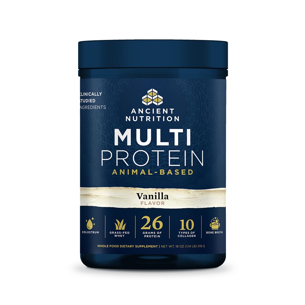 Ancient Nutrition Grass Fed Multi Protein, Bone Broth, Whey, Vanilla Bean Protein Powder, 18 Servings