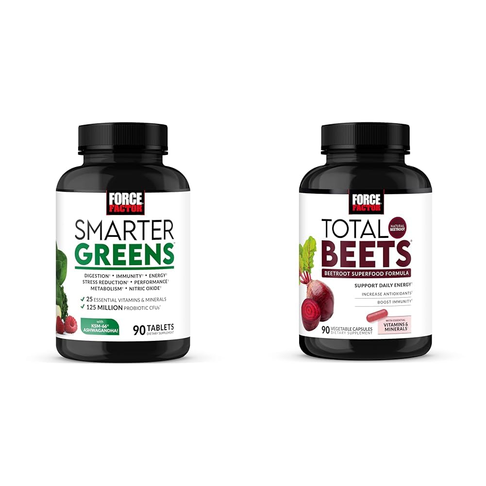 Force Factor Smarter Greens Tablets with 25+ Superfoods and Total Beets Beetroot Superfood Formula Bundle – 180 Count