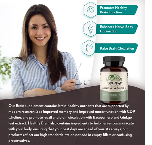 TERRA ORIGIN Healthy Mind and Memory Support Supplement Cognitive Memory Matrix Nootropic CDP, Bacopa, L-Tyrosine, Huperzine A, Ginkgo, B12 Capsule 30 Count