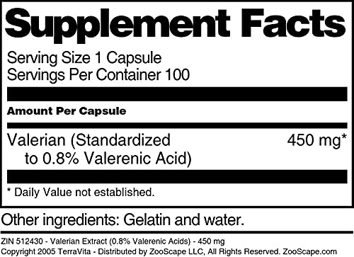 Terravita Valerian Extract (0.8% Valerenic Acids) - 450 mg, 100 Capsules