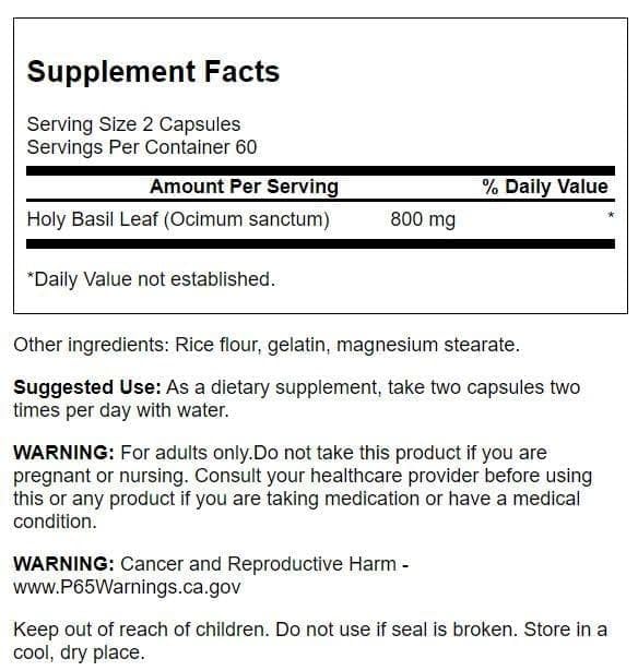 Swanson Holy Basil Leaf (Tulsi) 800 mg VEGAN CAPSULES, 120 Capsules