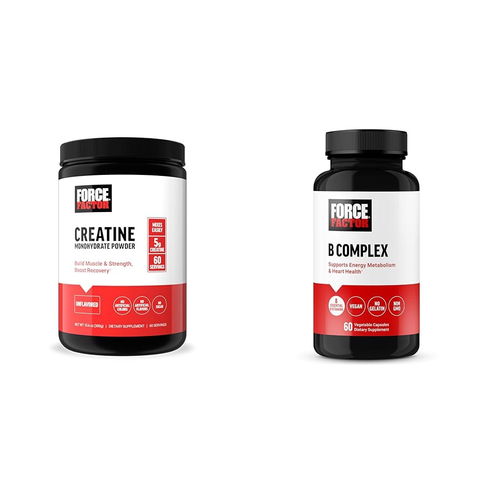 Force Factor Creatine Powder (60 Servings) and Vitamin B Complex Capsules (60 Count) Bundle