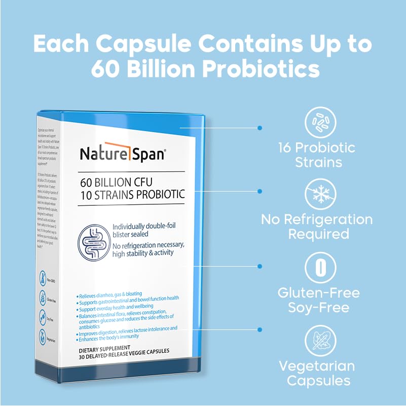 NatureSpan 60 Billion CFU 10 Strains Probiotic Capsules, 30 Capsules
