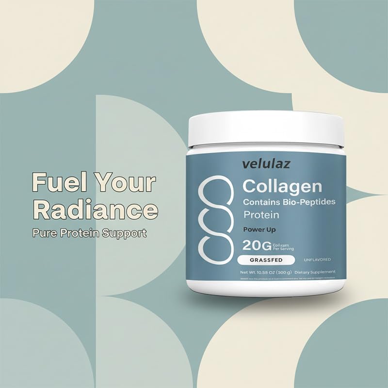 Velulaz Multi Collagen Bio-Peptides Powder Advanced with Hyaluronic Acid and Vitamin C – 10 Super Types of Collagen – Superior Absorption Formula – for Women and Men, 10.59 oz