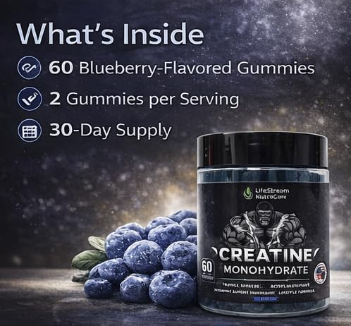 Generic Strength & Performance Gummies – Creatine Monohydrate for Muscle Growth | Vegan, Halal, Non-GMO, Blueberry Flavor, 60 Chewables