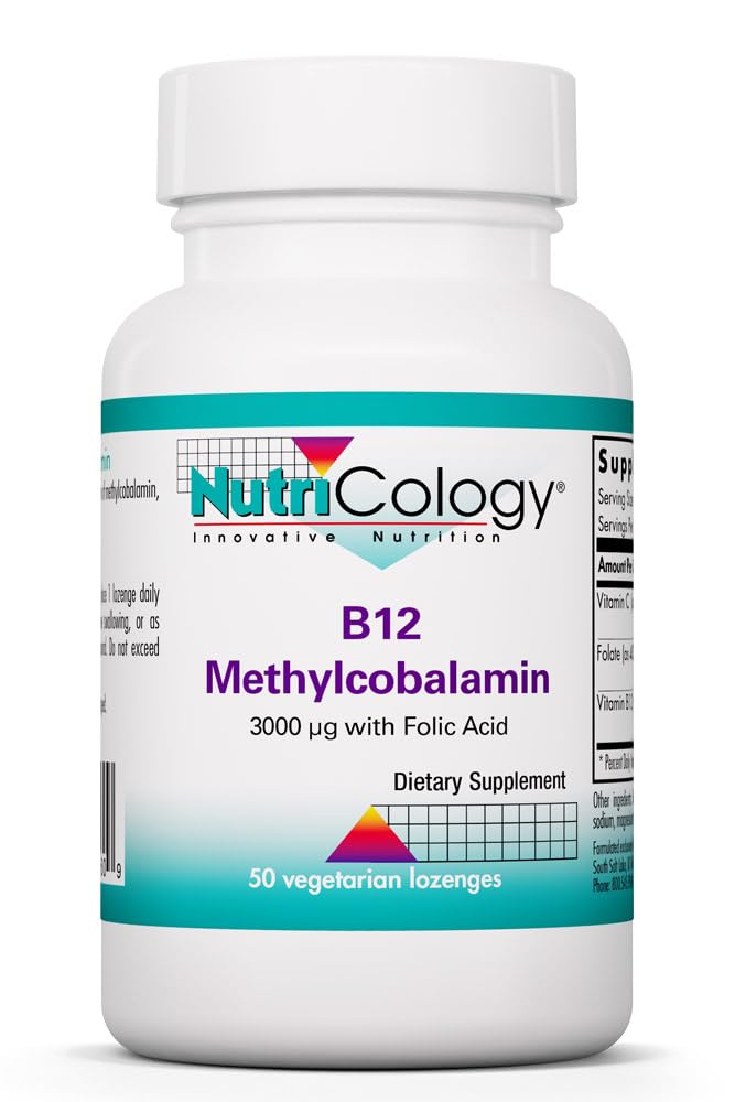 Allergy Research Group Nutricology B12 Methylcobalamin Supplement - Vitamin B12 and Folate, with 400mcg Folic Acid, Pure, Vegetarian Lozenges Capsule, 50 Capsules