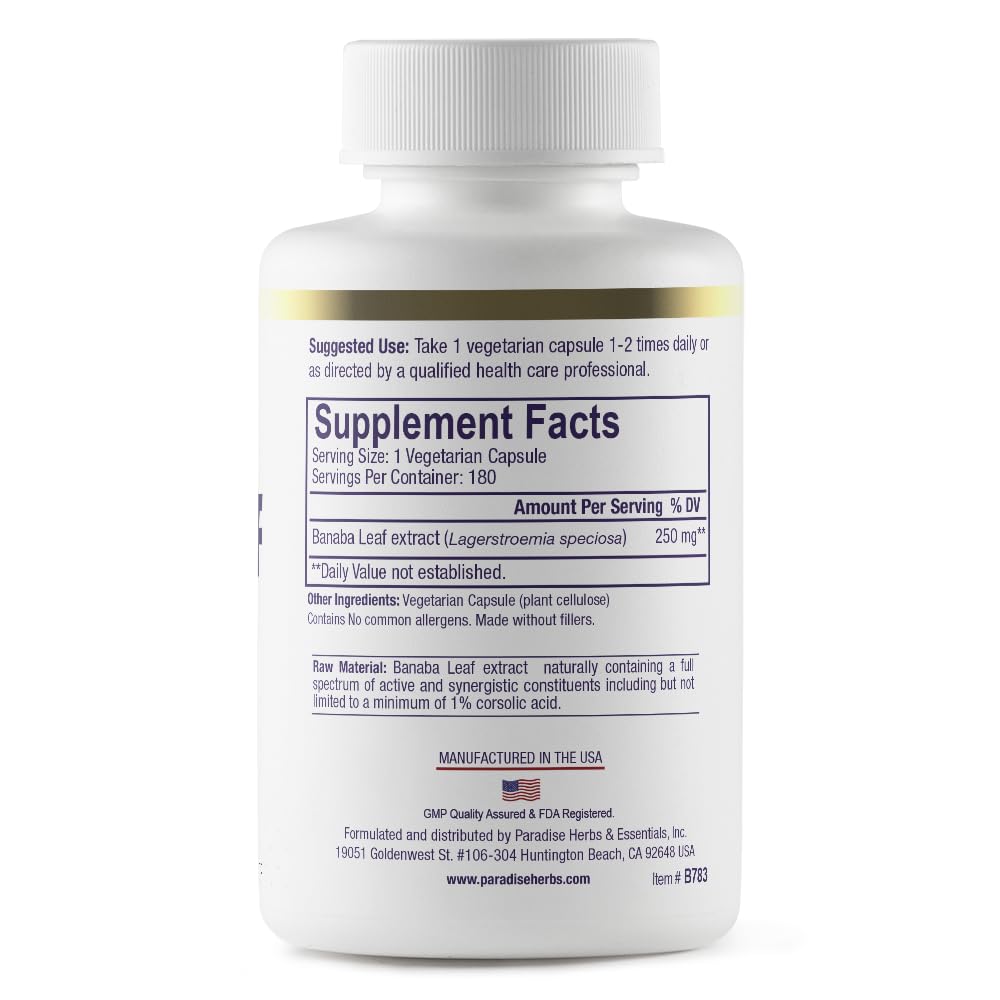 Paradise Herbs Banaba Leaf 12:1 Concentrated Extract 250 mg Capsules, 180 Count