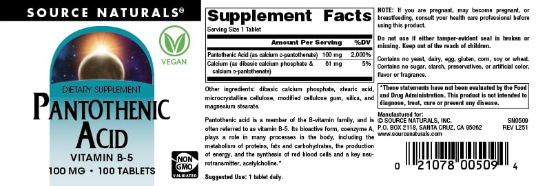 Source Naturals Pantothenic Acid 100 mg Vitamin B-5 Dietary Supplement Tablet, 100 Tablets