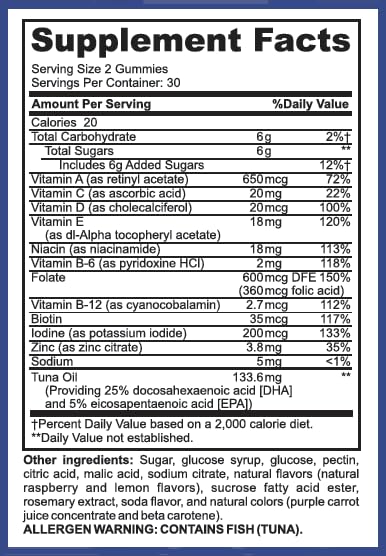 LifeSource Vitamins Prenatal Multi-Vitamins & Minerals with DHA - Omega 3 / Proprietary Formula Gummy 60 Count
