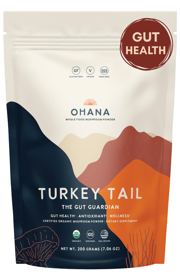 Ohana Mushrooms Turkey Tail Organic Mushrooms Powder Blend Whole Food Mushroom Supplement, Non-GMO, Gluten-Free, 7.05 oz