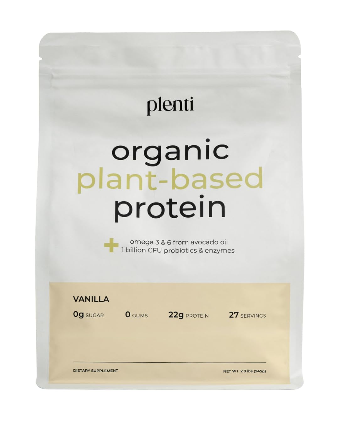 Plenti Organic Plant-Based Protein Powder Vanilla, 32 Servings