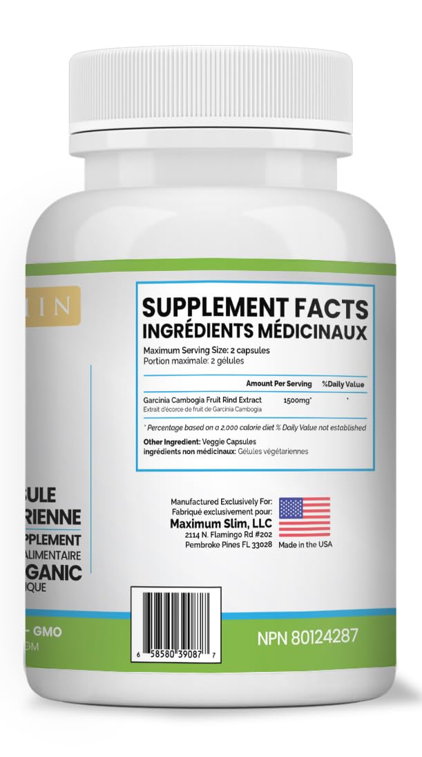 Maximum Slim Garcinia Cambogia Supplement - HCA Extract - Weight Support Formula for Men & Women - Non-GMO, Gluten Free 60 Capsules