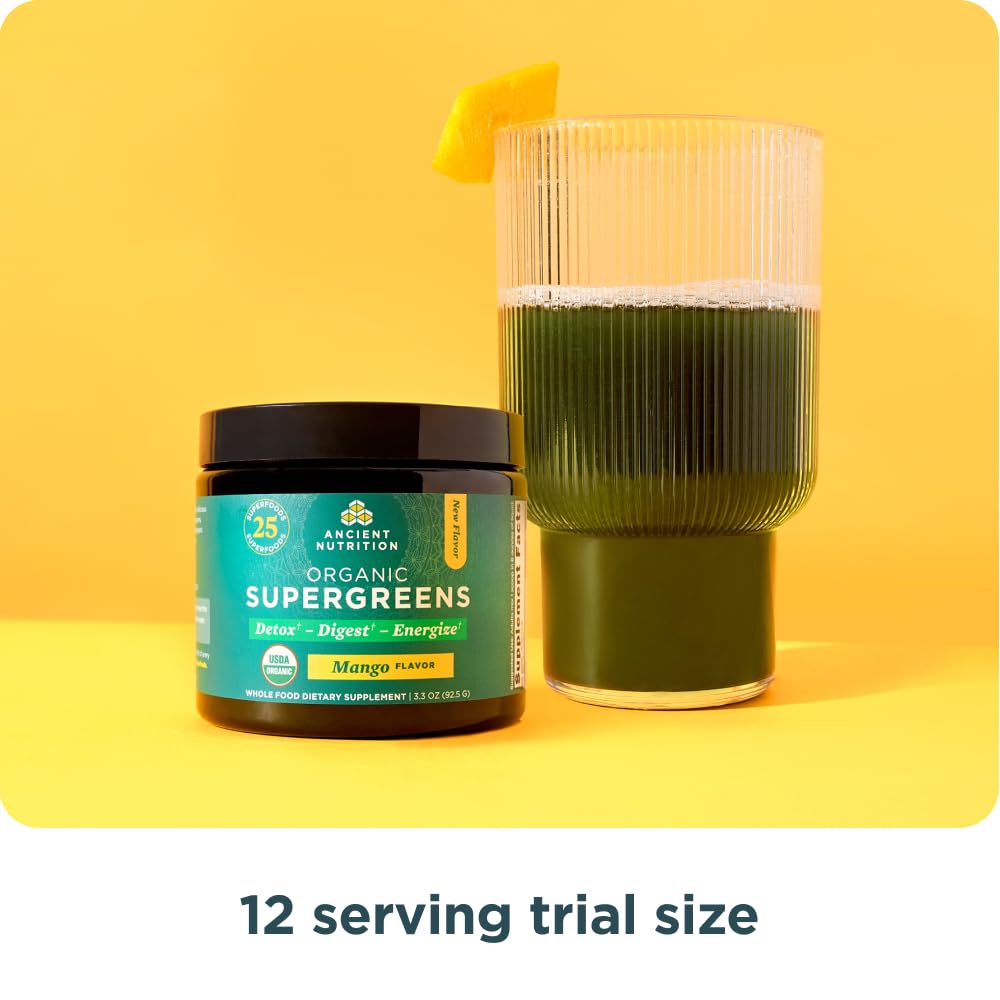 Ancient Nutrition SuperGreens Powder with Probiotics, Organic Mango Flavor, 3.3 oz