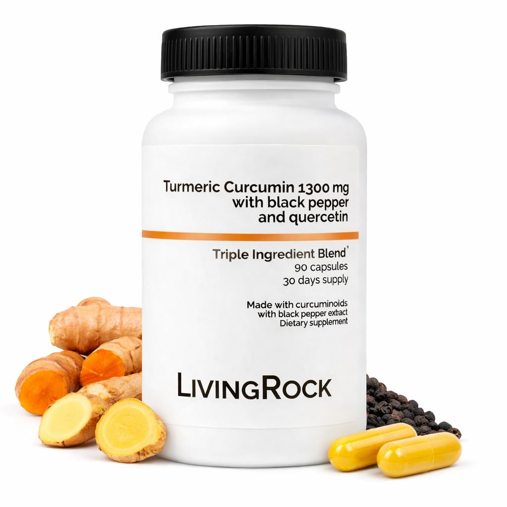 LivingRock Turmeric Curcumin 1300mg Triple Blend Formula with Ginger, Black Pepper, Quercetin, Vitamin E & D3, Plant-Sourced Multi-Ingredient Complex, 90 Capsules