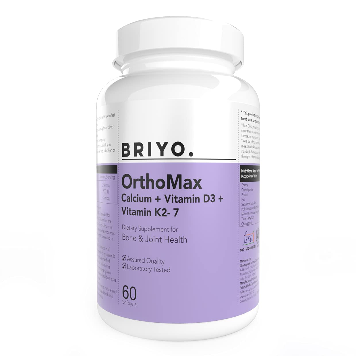 Briyosis Orthomax Vitamin D3 & K2-M7 + Calcium Dietary Supplement Capsules, 60 Capsules