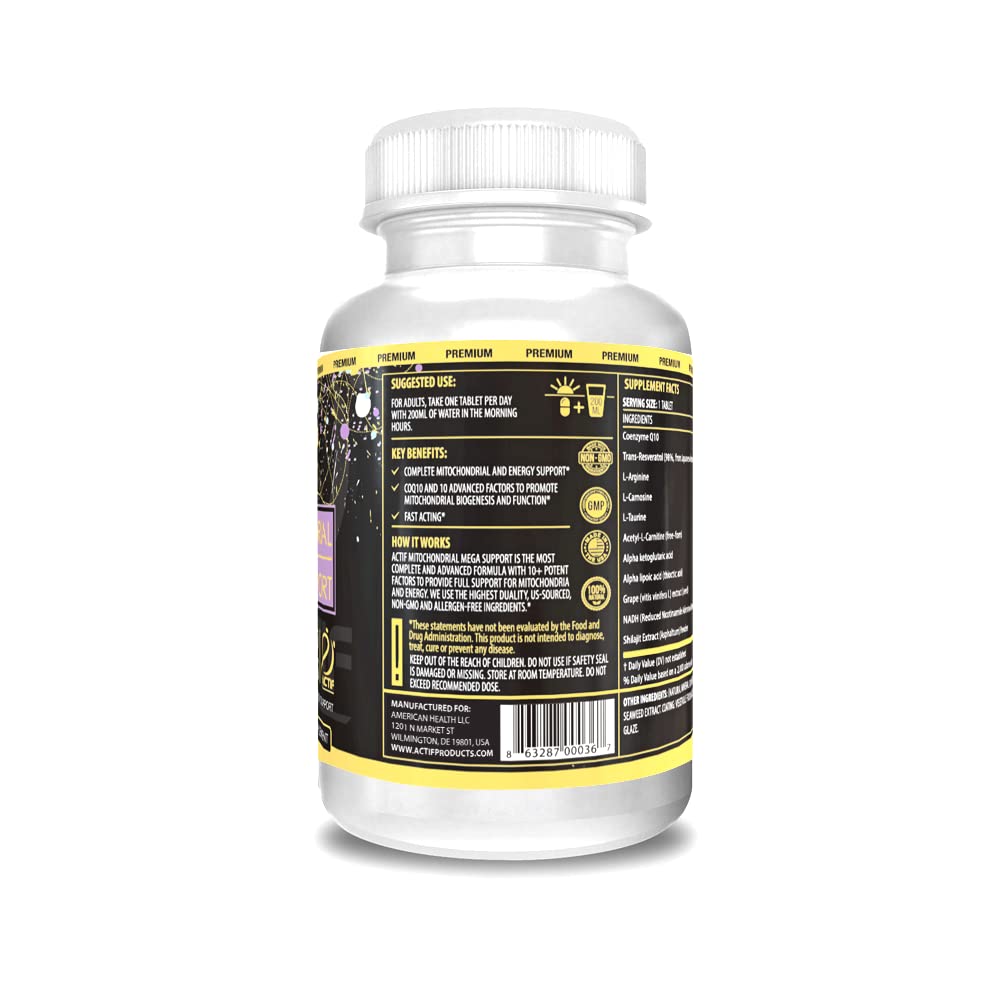 ACTIF Mitochondrial Mega Support with 10+ Advanced Factors, Non-GMO, Fast Acting, Mitochondria and Energy Support, Made in USA, 60 Tablets