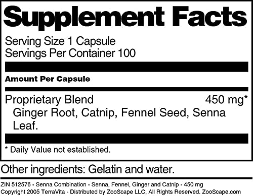 Terravita Senna Combination - Senna, Fennel, Ginger and Catnip - 450 mg Capsules, 300 Count