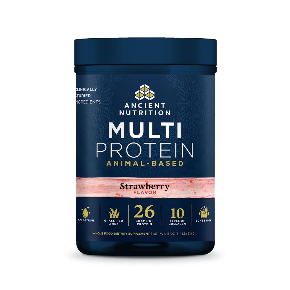Ancient Nutrition Grass Fed Multi Protein, Bone Broth, Whey Protein Powder, Strawberry Flavor, 18 Servings