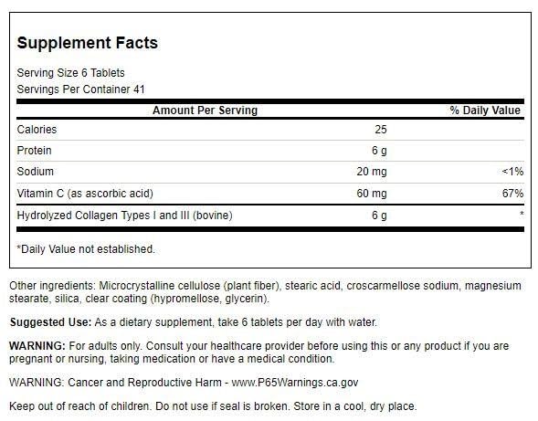 Swanson Hydrolyzed Collagen Peptides + Vitamin C Types I and III 1000 mg Tablets, 250 Count
