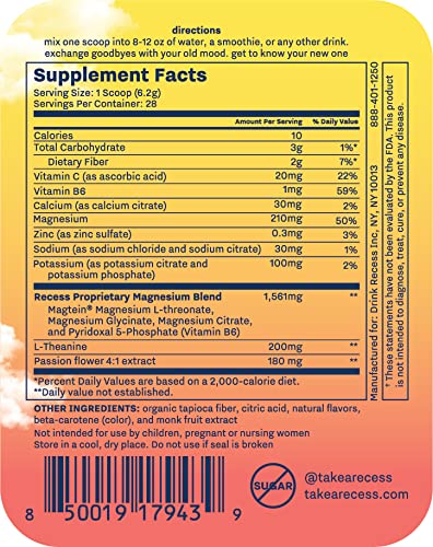 Recess Mood Powder Calming Magnesium L-Threonate Blend with Passion Flower, L-Theanine, Electrolytes, Magnesium Calm Support Powder Supplement - Lemon Citrus, 6.1 Ounce