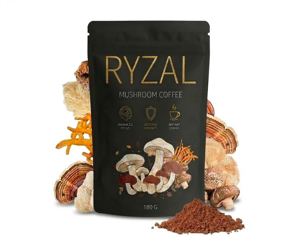 RYZAL Mushroom Coffee Powder Instant Organic Enhanced Focus, Boosted Immunity with Cordyceps, Reishi, Shiitake, Turkey Tail, King Trumpet, Lion's Mane for Positive Mood & Energy, 6.34 Ounce