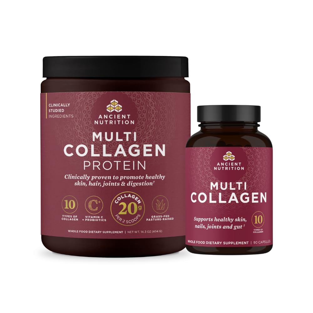 Ancient Nutrition Multi Collagen Peptides Protein Powder Unflavored, 40 Servings + Multi Collagen Peptides Protein Capsules, 45 Count