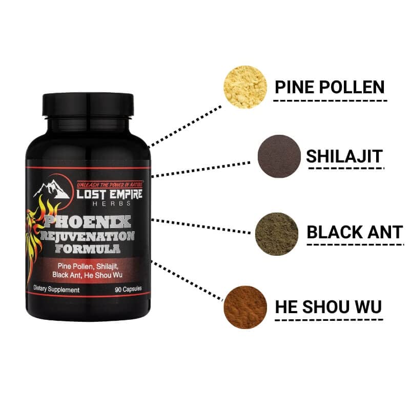 Lost Empire Herbs Phoenix Rejuvenation Formula Energy Blend of 4 Natural Health Herbs Pine Pollen, He Shou Wu, Ant, and Shilajit Capsules, 90 Count