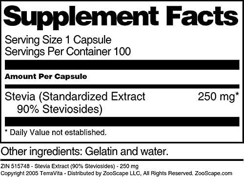 Terravita Stevia Extract (90% Steviosides) 250 mg Capsules, 100 Count