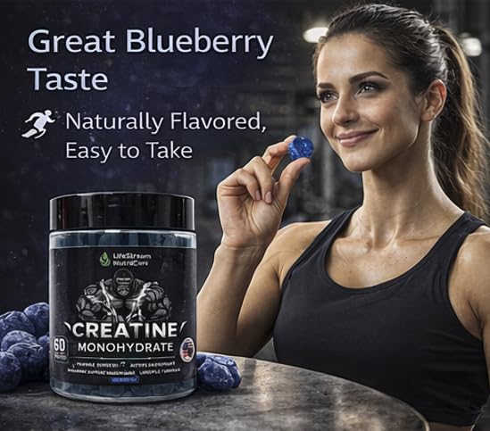 Generic Strength & Performance Gummies – Creatine Monohydrate for Muscle Growth | Vegan, Halal, Non-GMO, Blueberry Flavor, 60 Chewables