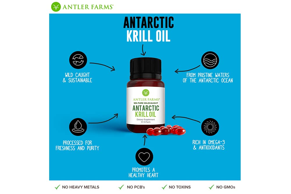 Antler Farms 100% Pure Wild Caught Antarctic Krill Oil from Cold, Pristine Waters Softgels 60 Count