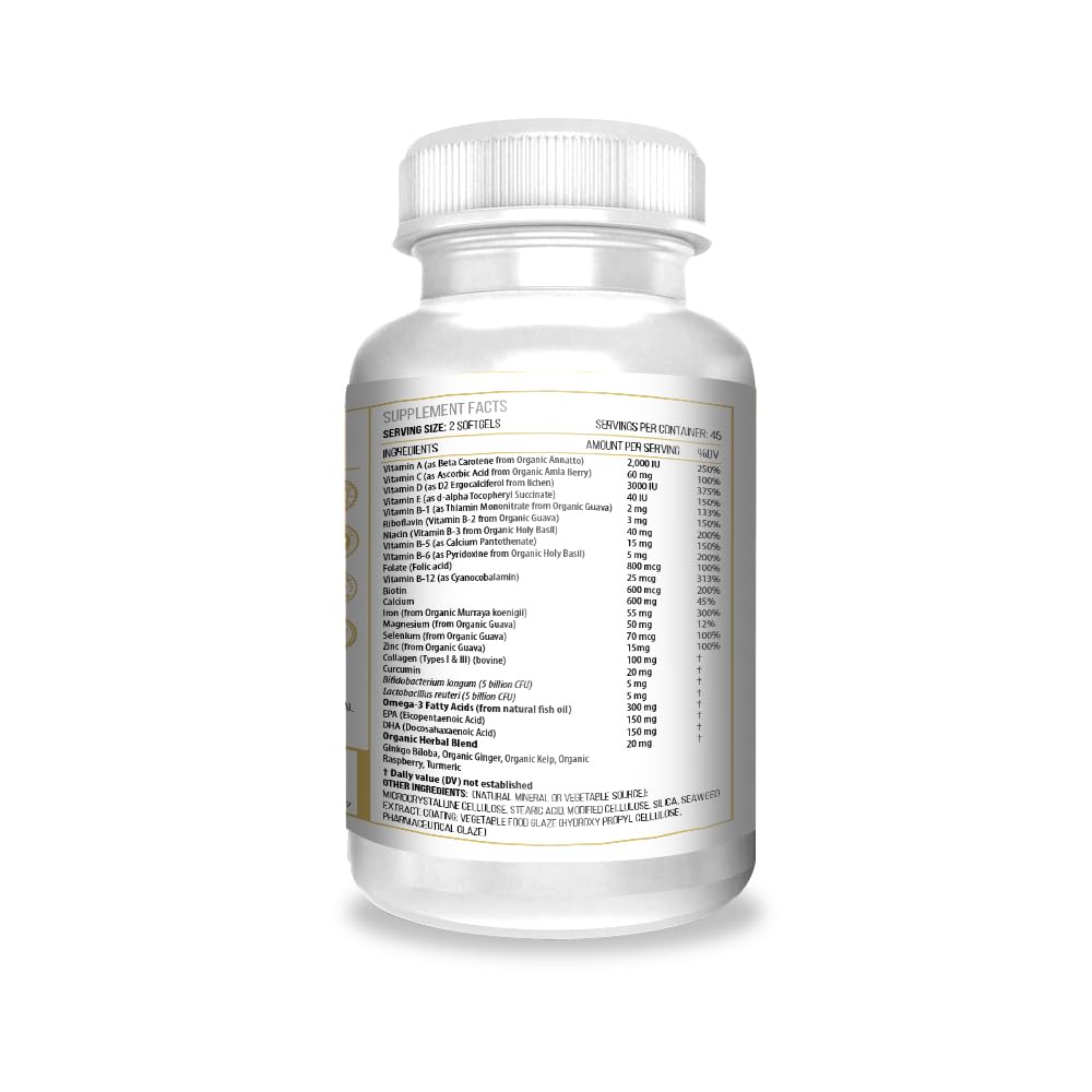 ACTIF Organic Multivitamin for Women Age 80+ with 20+ Advanced Factors and Omega-3 Softgels, 90 Count
