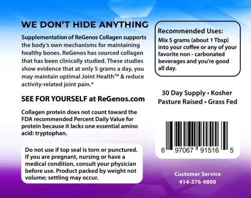 ReGenos Joint Health Collagen Peptides Powder Supplement, Hydrolyzed Collagen, Unflavored Collagen, Protein, Gluten Free, Kosher, 5.29 oz