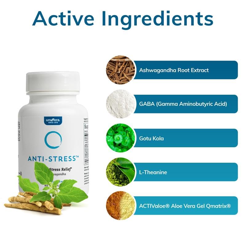 Univera Anti Stress Supplement with Ashwagandha, Gotu Kola, GABA & L-Theanine, 60 Capsules
