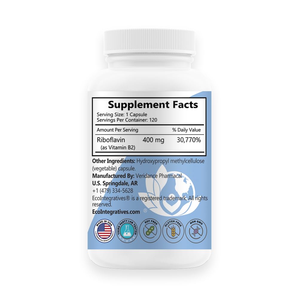 EcoIntegratives B2-400 Pure Riboflavin Capsule, 120 Capsules