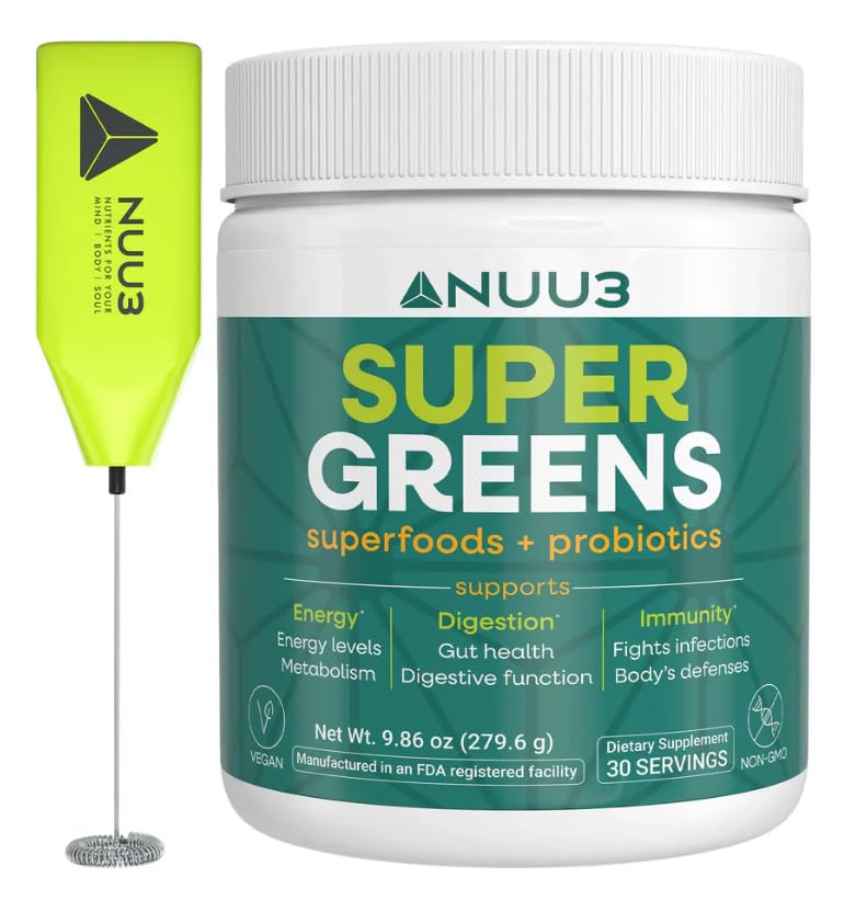 NUU3 Super Greens Superfoods + Probiotics - Immune Support, Improved Energy & Gut Health Digestive Enzymes - Boosts Immunity - 30 Servings, 9.86 oz Powder
